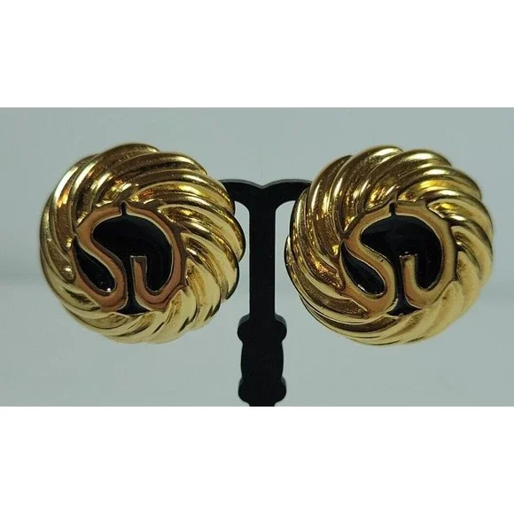 Vintage St John SJ Clip Earrings Gold Plated Black Enamel With Logo Signed✨  EUC
